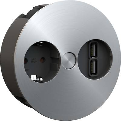 Okrągła listwa zasilająca z metalu z jednym gniazdem sieciowym i dwoma portami USB, oferująca wszechstronne opcje ładowania.