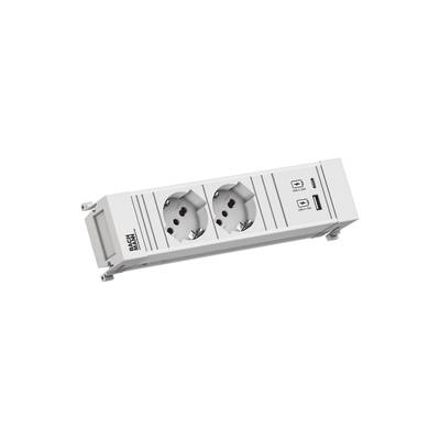 Biała listwa zasilająca z dwoma gniazdkami Schuko i dwoma portami USB, idealna do jednoczesnego ładowania wielu urządzeń.