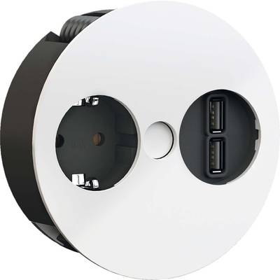 Wielofunkcyjne gniazdko elektryczne w kształcie koła, wyposażone w standardowe gniazdo oraz dwa porty USB, przeznaczone do zasilania urządzeń mobilnych.