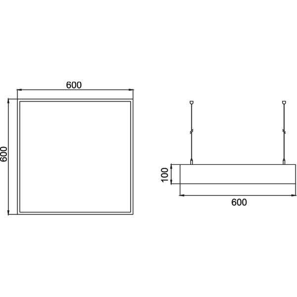 Rysunek kwadrowego panelu o wymiarach 600x600 mm, po bokach o wysokości 100 mm, przedstawiający punkty mocowania oraz widok z boku.