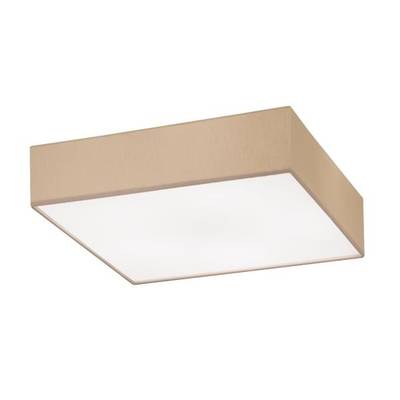 Kwadratowa lampa sufitowa z białym kloszem i beżową ramą, prezentująca nowoczesny i minimalistyczny design. Idealna do przestrzeni mieszkalnych.