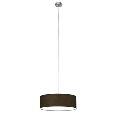 Nowoczesna, wisząca lampa sufitowa z okrągłym, ciemnobrązowym kloszem i srebrnym, cienkim przewodem.