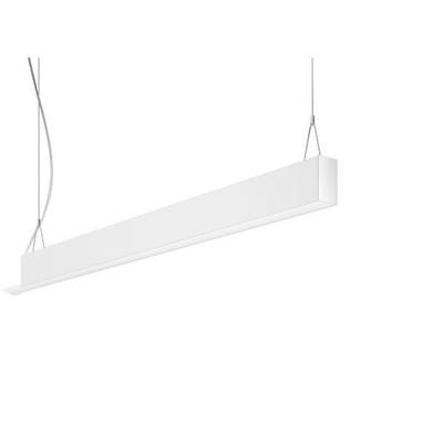 Nowoczesna, podłużna lampa wisząca z białą obudową, zawieszona na cienkich przewodach od sufitu. Minimalistyczny design.