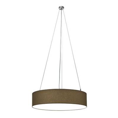 Lampa wisząca z brązowym, okrągłym kloszem, zawieszona na trzech cienkich linkach, o nowoczesnym i minimalistycznym designie.
