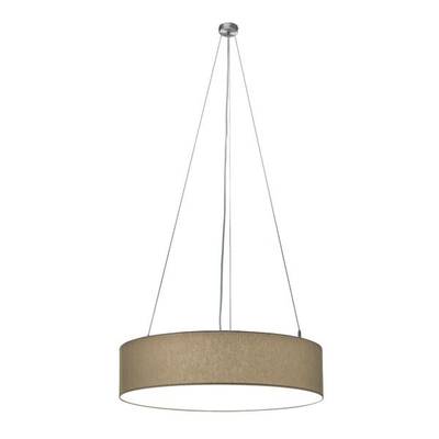 Okrągła, beżowa lampa sufitowa o prostym designie, zawieszona na trzech przewodach od sufitu.