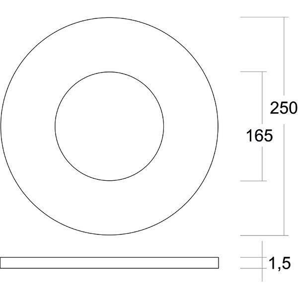 Rysunek techniczny płyty okrągłej o średnicy zewnętrznej 250 mm, średnicy wewnętrznej 165 mm i grubości 1,5 mm.