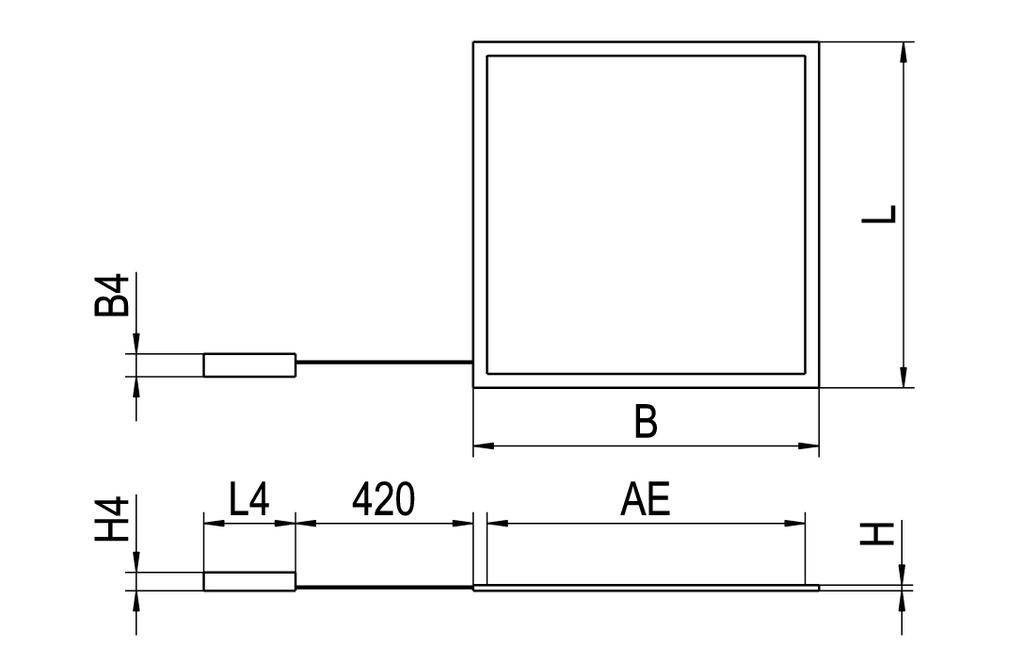 Rysunek techniczny prostokątnego obiektu z wymiarami: szerokość (B), wysokość (H), długość (L), z przewodem.