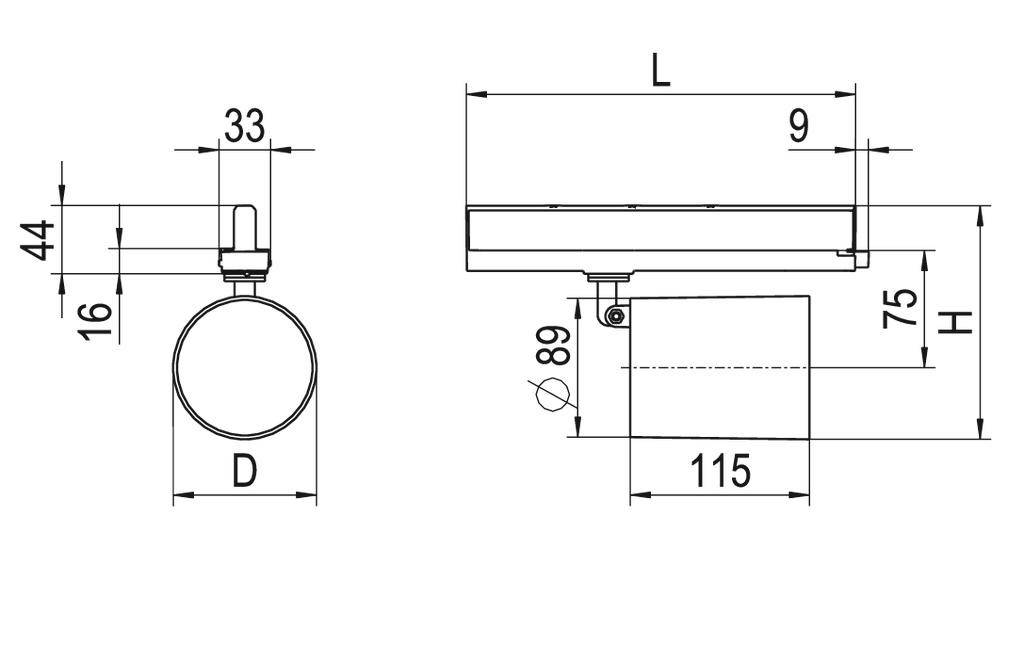 Rysunek techniczny cylindrycznej lampy o następujących wymiarach: średnica (Ś) 33, wysokość (W) 75, długość (D) nieokreślona, szerokość 115 mm.