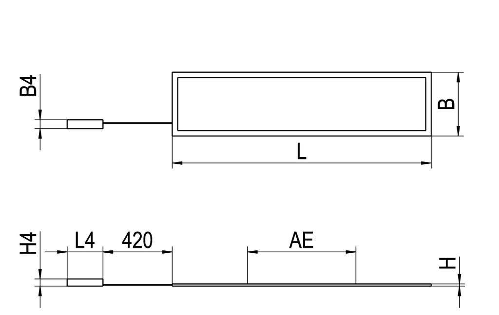 Diagram przedstawia widok z boku i z przodu prostokątnej struktury z oznaczeniami: długość 'L', szerokość 'B', wysokość 'H' oraz 'AE'.