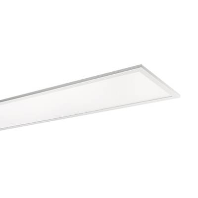 Prostokątna, płaska lampa sufitowa LED w jasnym kolorze, zamontowana na białym suficie.