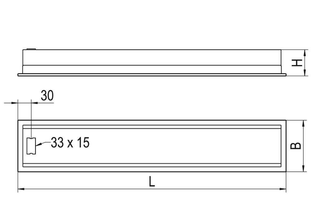 Rysunek techniczny prostokątnego obiektu o wymiarach: długość (L), szerokość (B), wysokość (H), z wewnętrznym wycięciem o wymiarach 33 x 15 mm.
