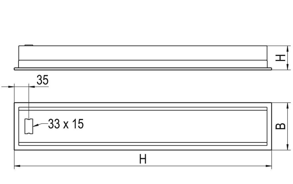 Rysunek techniczny prostokątnego elementu o wymiarach: szerokość (B), wysokość (H) oraz dodatkowy wymiar 33 x 15.