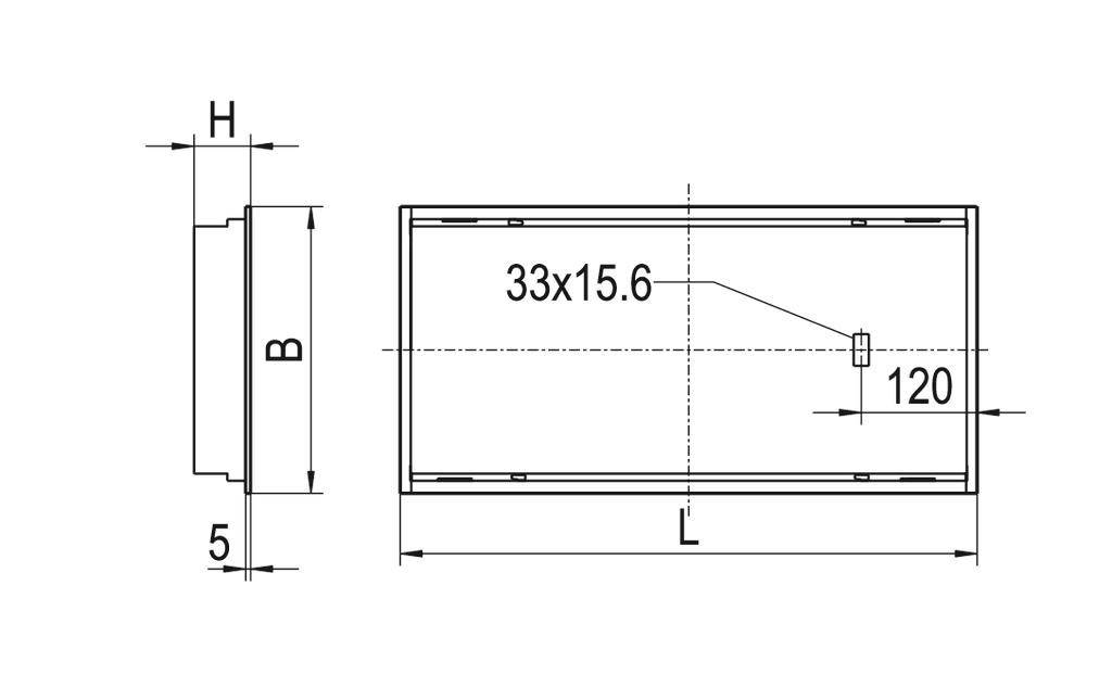 Rysunek techniczny prostokątnego elementu o wymiarach 33x15,6 z otworem na 120 mm. Podane wymiary H, B, L.