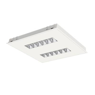 Biała kwadratowa lampa sufitowa z dwoma rzędami srebrnych reflektorów, idealna do nowoczesnych wnętrz.