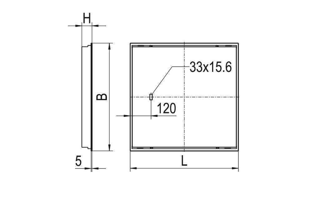 Rysunek techniczny przedstawia widok z przodu i z boku prostokątnego obiektu o wymiarach: H, B, L, głębokość 5, otwór 33x15,6 przy 120.