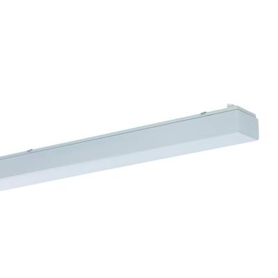 Biała, prostokątna lampa LED o podłużnym kształcie na neutralnym tle. Nadająca się do montażu sufitowego.