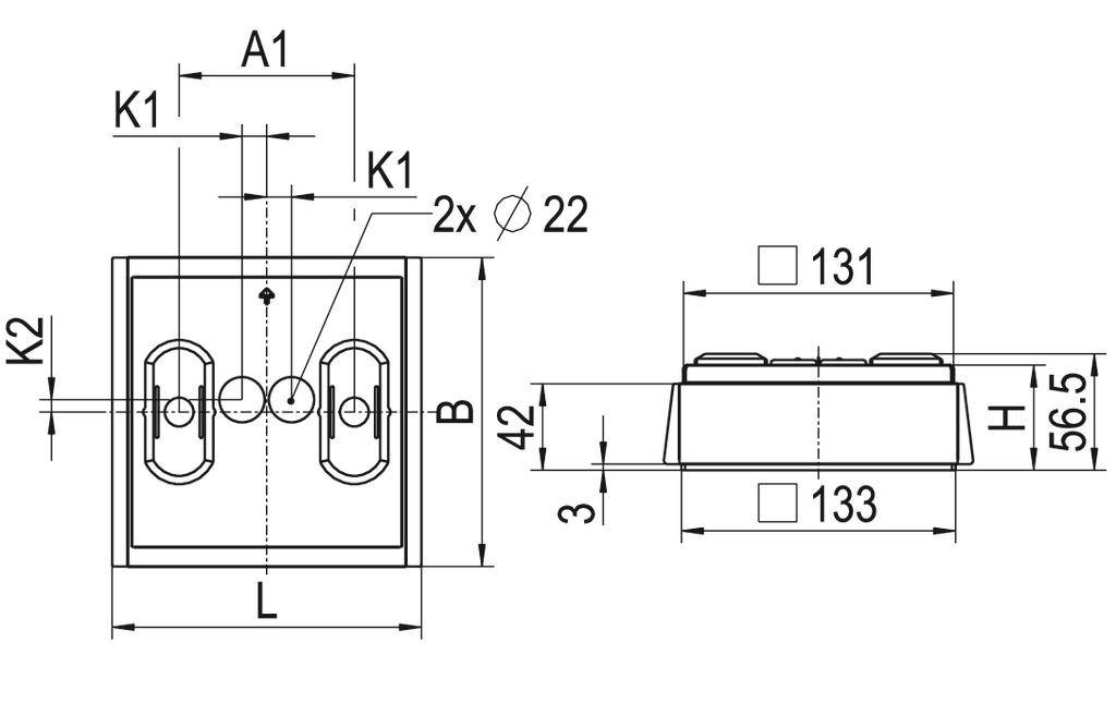 Rysunek techniczny prostokątnego komponentu z wymiarami; widok z przodu i z boku; główne wymiary: 131 mm szerokości, 133 mm głębokości, 56,5 mm wysokości.