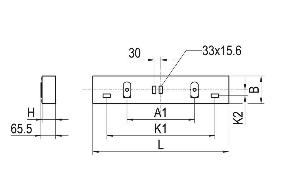 Rysunek techniczny prostokątnego profilu stalowego. Wymiary: szerokość 65,5 mm, długość L, otwory w A1 i K1, wysokość H.