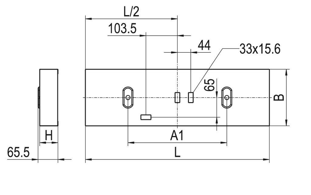 Rysunek techniczny prostokątnego elementu z wymiarami D (długość), S (szerokość), W (wysokość) i zaznaczonymi otworami. Wysokość wynosi 65,5.