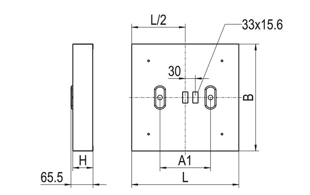 Rysunek techniczny prostokątnej płytki mocującej z wymiarami i otworami. Wymiary: szerokość L, wysokość B, głębokość 65,5 mm, rozstaw otworów 30 mm.