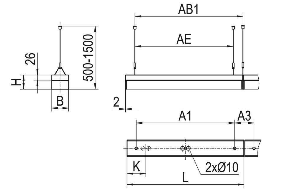 Rysunek techniczny lampy wiszącej z wymiarami: wysokość regulowana w zakresie 500-1500 mm, szerokość B, AE oraz pozostałe wymiary przedstawione.