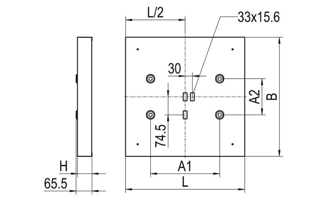 Rysunek techniczny prostokątnego elementu z wymiarami, pozycjami otworów i pomiarami odległości. Główny wymiar: 33x15,6 mm.