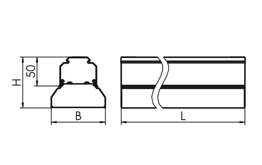 Rysunek techniczny profilu z wymiarami: wysokość 50 mm, szerokość B, długość L. Kształt profilu z fazowaniem oraz wskazaniem złamania w środku.