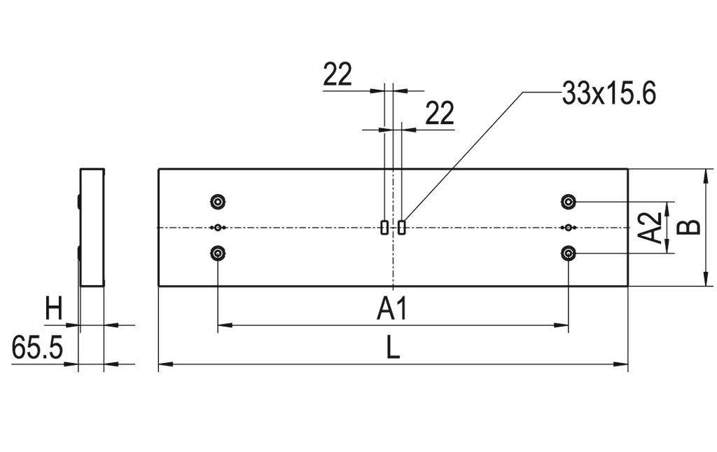 Rysunek techniczny prostokątnego elementu z podanymi wymiarami: 22, 33x15,6 oraz 65,5. Oznaczone obszary A1, A2, L, H, B.