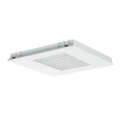 Biała kwadratowa lampa sufitowa LED z kratką rozpraszającą. Odpowiednia do biur lub pomieszczeń mieszkalnych, zapewnia równomierne oświetlenie.