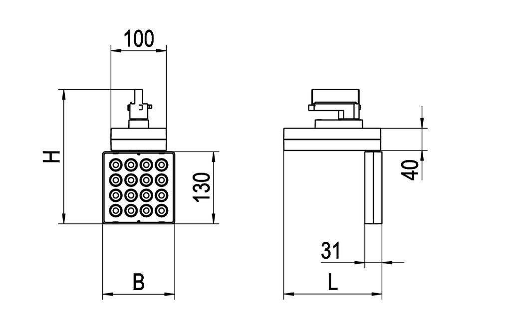 'Rysunek techniczny kwadratowego prysznica z 10x10 dyszkami. Wymiary: wysokość 130 mm, szerokość 100 mm, długość 31 mm.'
