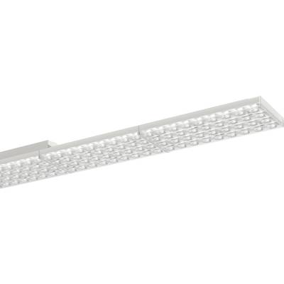 Biała, podłużna lampa sufitowa LED z prostokątnymi elementami i układem małych, kwadratowych soczewek zapewniających równomierne oświetlenie.