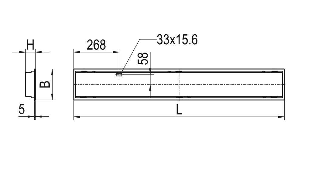 Rysunek techniczny prostokątnego elementu z wymiarami: długość (L), szerokość (B), wysokość (H) oraz specyficznym oznaczeniem 33x15,6.
