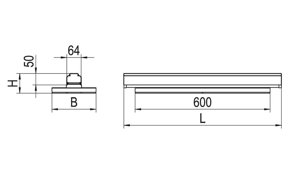 Rysunek techniczny podłużnego obiektu o wymiarach: wysokość (H), szerokość (B), długość (L - 600) oraz wysokość 50 cm.