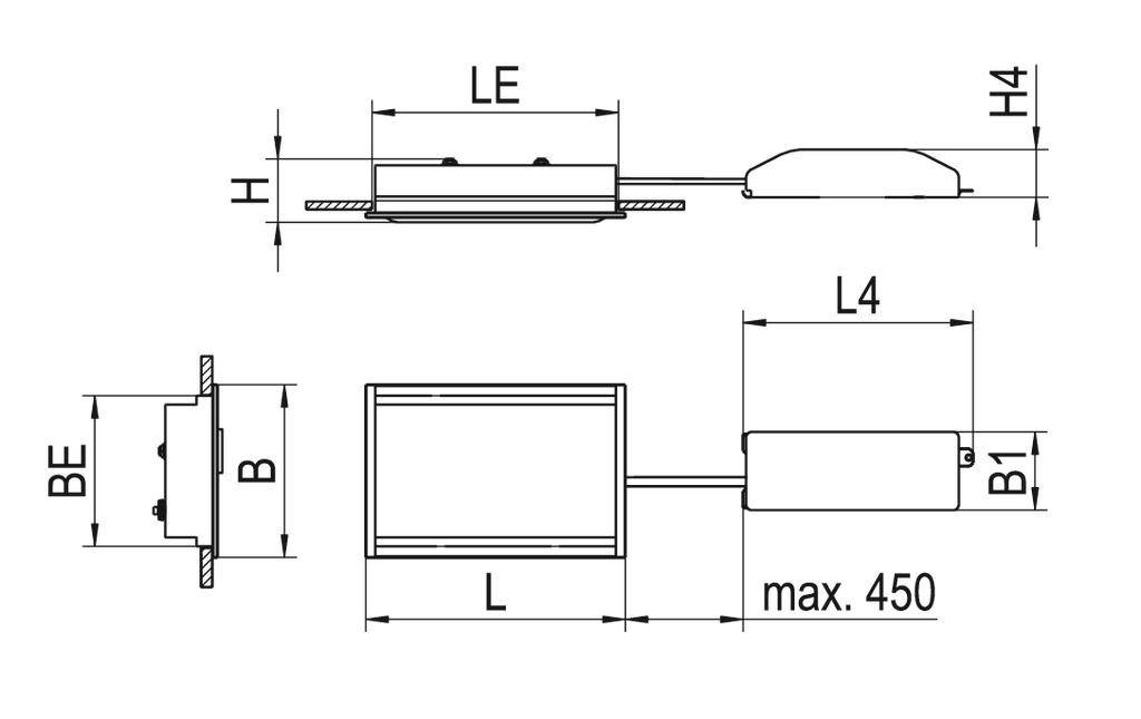 Rysunek techniczny prostokątnego elementu z wymiarami 'B', 'L', 'LE', 'H', 'H4', 'L4', 'BE', 'B1' oraz przewodem o maksymalnej długości 450 mm.