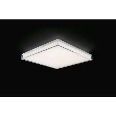 Kwadratowa lampa sufitowa o nowoczesnym, płaskim designie emituje ciepłe, białe światło i wyróżnia się na ciemnym tle.