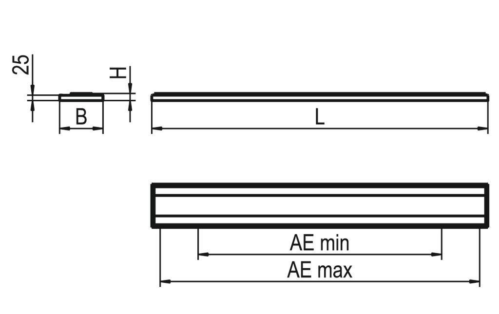 Rysunek techniczny prostokątnej belki, przedstawiający długość (L), szerokość (B), wysokość (H) oraz wymiary dla AE min i AE max.