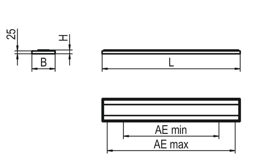 Diagram przedstawia widok z boku i wymiary prostokątnego obiektu: wysokość 'H', szerokość 'B', długość 'L', AE min i AE max.