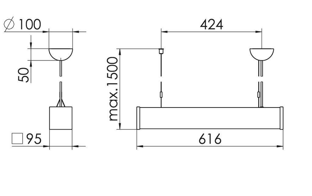 Rysunek techniczny lampy wiszącej ze szczegółowymi wymiarami: średnica 100 mm, wysokość 50 mm, szerokość 616 mm, maksymalna długość 1500 mm.