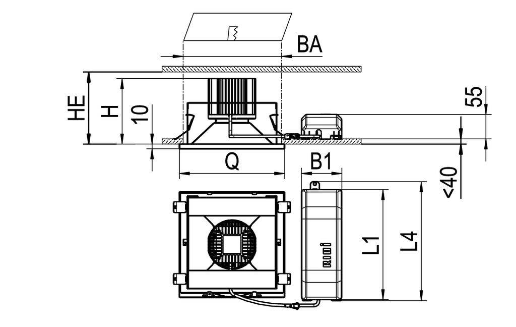 Rysunek techniczny oprawy sufitowej z wymiarami: wysokość (HE), szerokość (BA), wysokość zabudowy (H), wysokość ponad sufitem (55), szerokość (Q), puszka przyłączeniowa (B1) oraz wymiary (L1, L4).