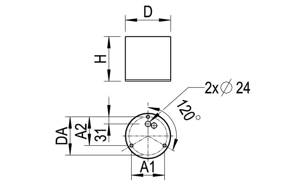 Rysunek techniczny cylindrycznego elementu metalowego z wymiarami: średnica D, wysokość H, dwa otwory o średnicy 24 mm rozmieszczone co 120 stopni.