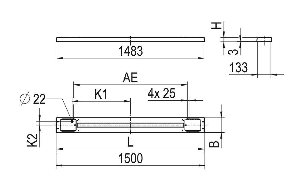Rysunek techniczny elementu z wymiarami długości i wysokości: długość 1500 mm, wysokość 133 mm. Szczegóły: K1, K2 oraz otwory Ø 22.