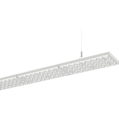 Lampa sufitowa o nowoczesnym, prostokątnym kształcie, zawieszona na przewodzie, wyposażona w kilka lamp LED. Idealna do oświetlenia biura.