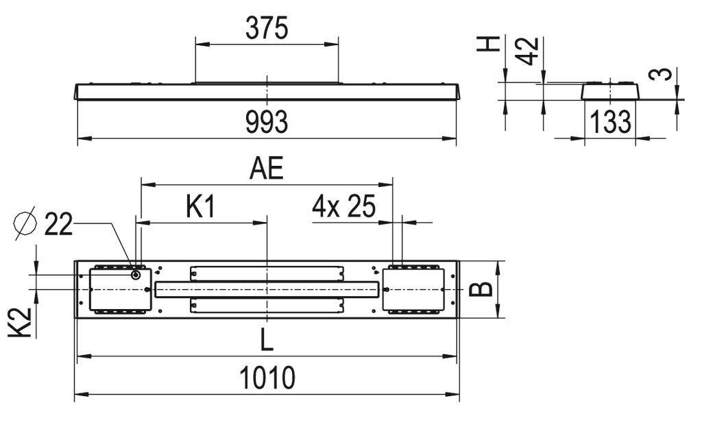 Rysunek techniczny prostokątnego elementu o wymiarach: długość 1010 mm, szerokość 375 mm, wysokość 42 mm. Otwory ø 22 mm.
