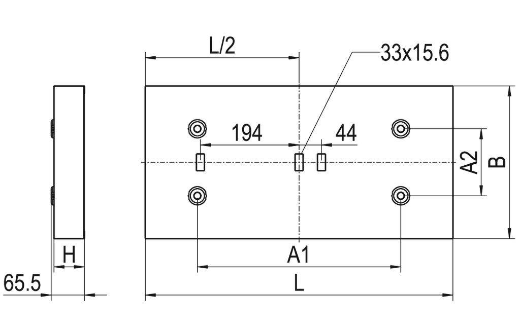 Rysunek techniczny prostokątnej płyty o wymiarach L, B i H. Podane są otwory i odległości, np. 33x15,6.