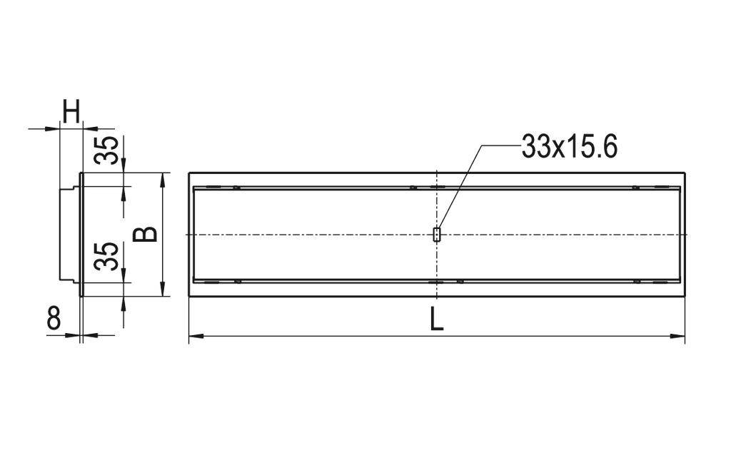 Rysunek techniczny prostokątnego elementu o wymiarach 33x15,6; wysokość (H), szerokość (B) i długość (L) oraz pozostałymi wymiarami.