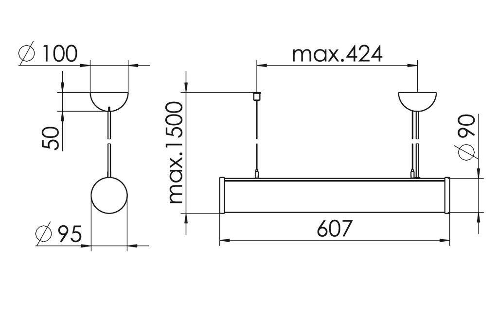 Rysunek techniczny wiszącej lampy z wymiarami: średnica 95 mm, długość 607 mm, maksymalna wysokość 1500 mm, maksymalna szerokość 424 mm.