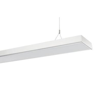 Nowoczesna, prostokątna lampa sufitowa o minimalistycznym designie, zawieszona na pojedynczej stalowej lince.