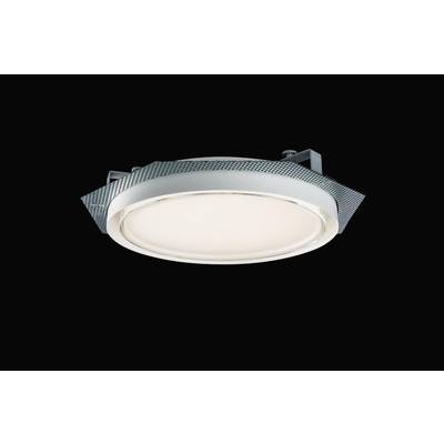 Okrągła lampa sufitowa o nowoczesnym designie z srebrną ramą, jasno świecąca na czarnym tle.