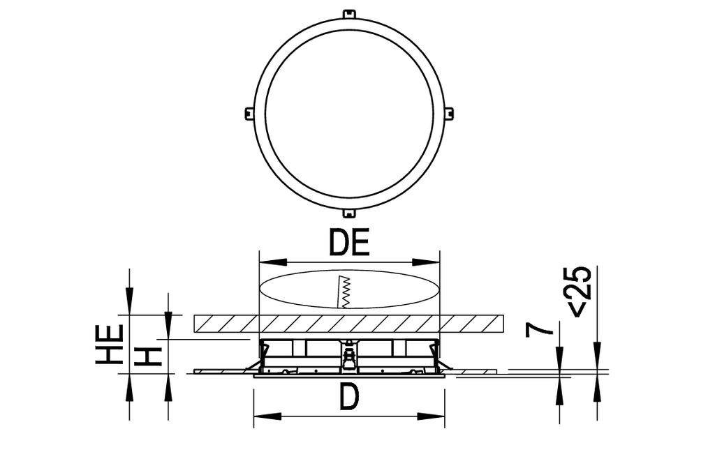 Rysunek diagramu technicznego z wymiarami instalacji okrągłej: średnica 'D', wysokość 'H' oraz wysokość całkowita 'HE'.