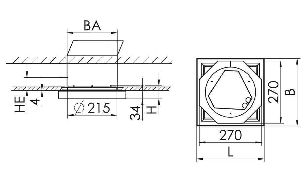 'Rysunek techniczny obudowy oprawy wpuszczanej. Wymiary: 270x270 mm, otwór Ø215 mm, wysokość zabudowy 34 mm, wysokość całkowita nieokreślona.'